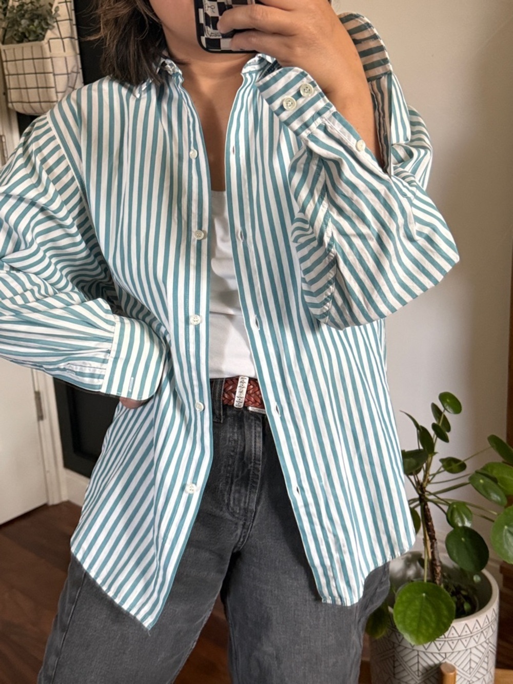 JOHN HENRY Boxy Relaxed Teal Striped Oversized Buttoned Front. Size 10 ***read**